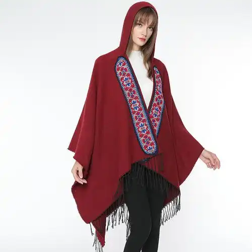 盛世尼曼秋冬连帽披肩民族风两用保暖红色沙漠斗篷女西藏青海云南旅游