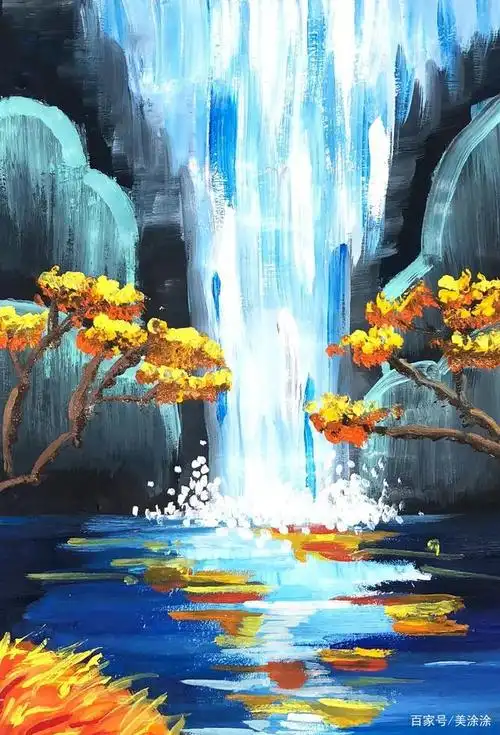 水粉画创意丨瀑布