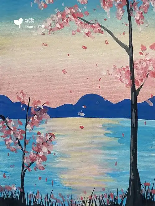 水粉风景画 《樱花雨》色彩纷呈