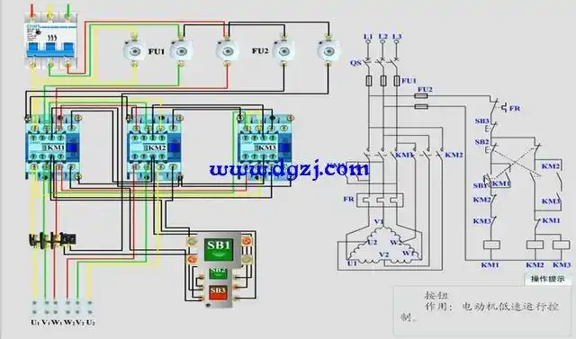 实物接线电路图低速时电机是三角形接法,高速时是双yy型接法.