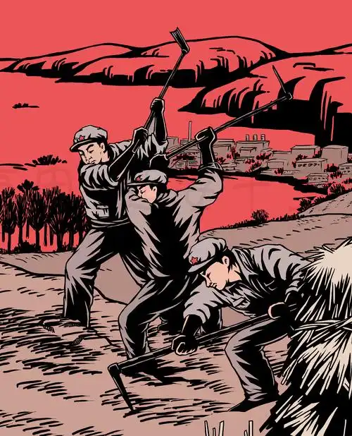 版画风格红色革命题材延安系列插画三张