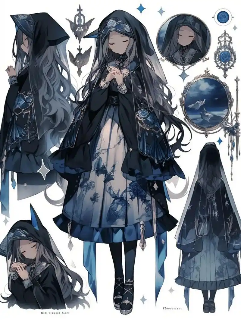 哥特lolita:少女与灵犬 明月照亮了古老墓园的小路.