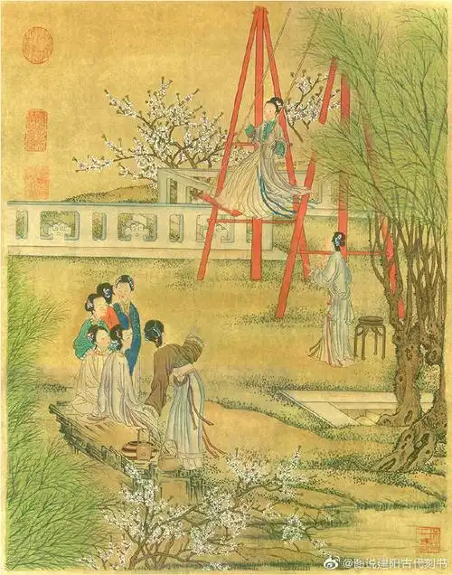 少年儿女重秋千,盘巾结带分两边.身轻裙薄易生力,双手向空如鸟翼.