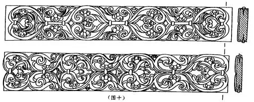 (l)纵列式环状忍冬唐草纹饰条  共18件,银质,表面镀金,包在长条木片上