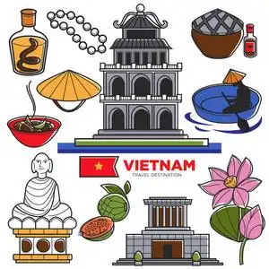 越南国旗和河内亚洲建筑建设国家食品和饮料. 矢量隔离图标照片