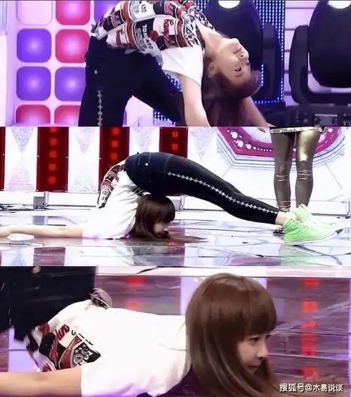 这看着都疼.更让人揪心的还是她在各大综艺中劈叉,翻跟头.