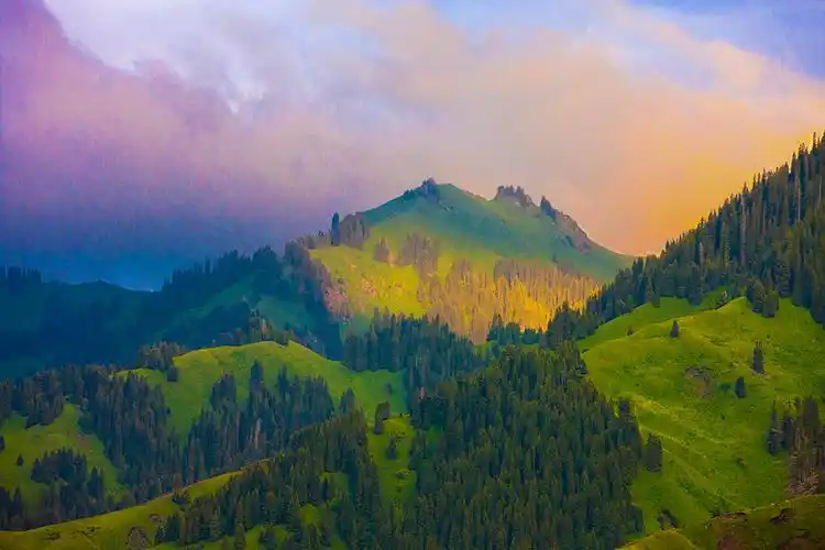 新疆伊犁州尼勒克县境内的唐布拉百里画廊傍晚景色