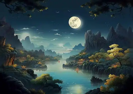 唯美古风山水插画夜晚满月古代场景桌面壁纸写实古风背景