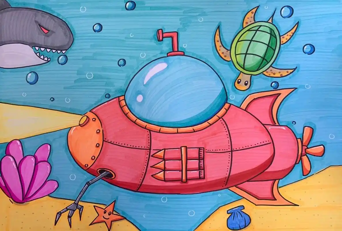 海底探险潜水艇～儿童画     斯尼耳马克笔,纯度更高 三菱高光笔,提高