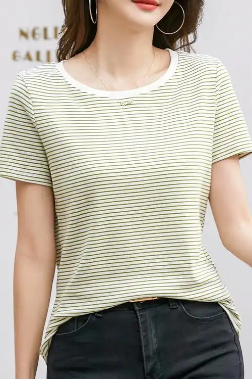 女装t恤女女士学生条纹上衣打底衫宽松2023夏季纯棉短袖韩版新款