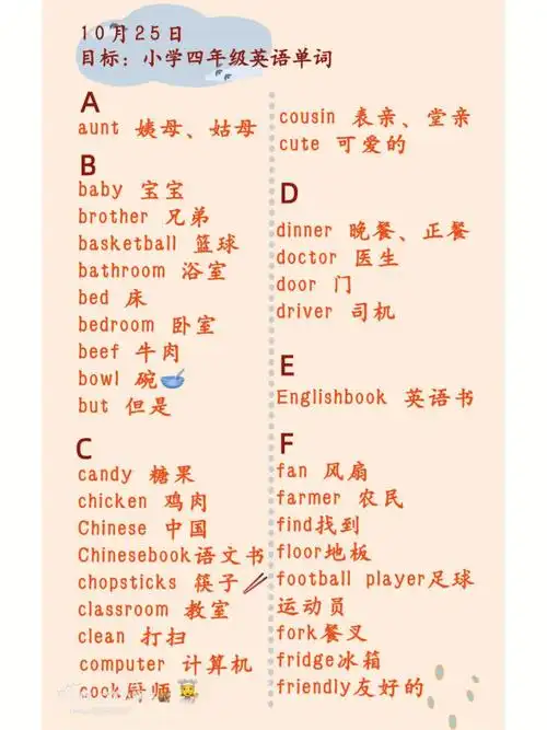 今日进步小目标小学四年级上册英语单词